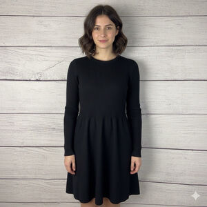 Boden Black Wool Blend Knit Fit & Flare Dress Sz 12 Long Sleeve Back Button Rib